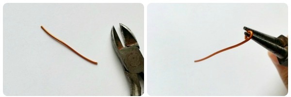 Wire charm step 1-2: cut wire and form first loop Cutting a 3 cm piece of craft wire with pliers, then forming a small loop at one end using round-nose pliers