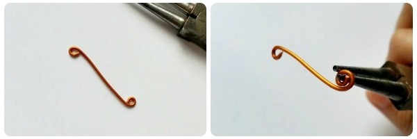 Wire charm steps 3-4: form second loop and coil wire into swirl Creating a second loop at the opposite end of the wire in reverse direction, then coiling the wire around the bottom loop with round-nose pliers