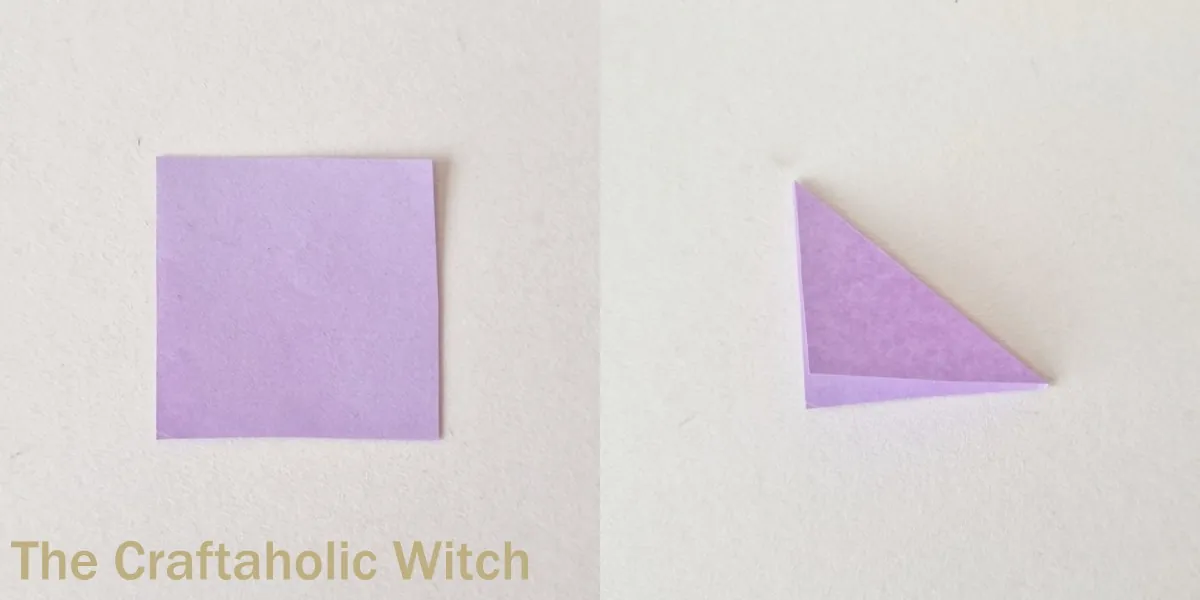Paper lilac flower craft step 2 Folding a light purple paper square diagonally for a paper lilac petal