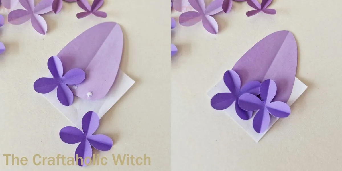 Paper lilac flower craft step 7 Adding large petals around the lower section of the paper lilac base