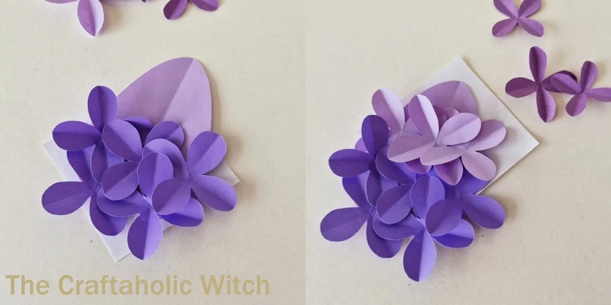 Paper lilac flower craft step 8 Layering medium and small petals to fill the paper lilac flower cluster