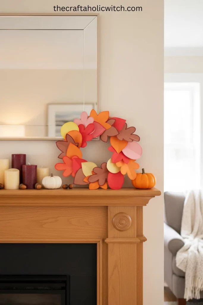 DIY fall paper leaf wreath displayed on fireplace mantel with candles, pumpkins, and seasonal decor for cozy living room styling