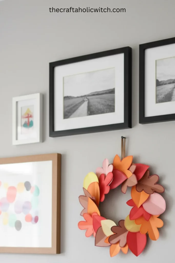 DIY fall wreath incorporated into existing gallery wall with picture frames for dimensional seasonal wall decor