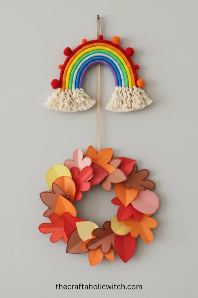 Fall paper leaf wreath hanging below rainbow wall hanging on same nail, vertical stacked display idea for space-saving seasonal decor