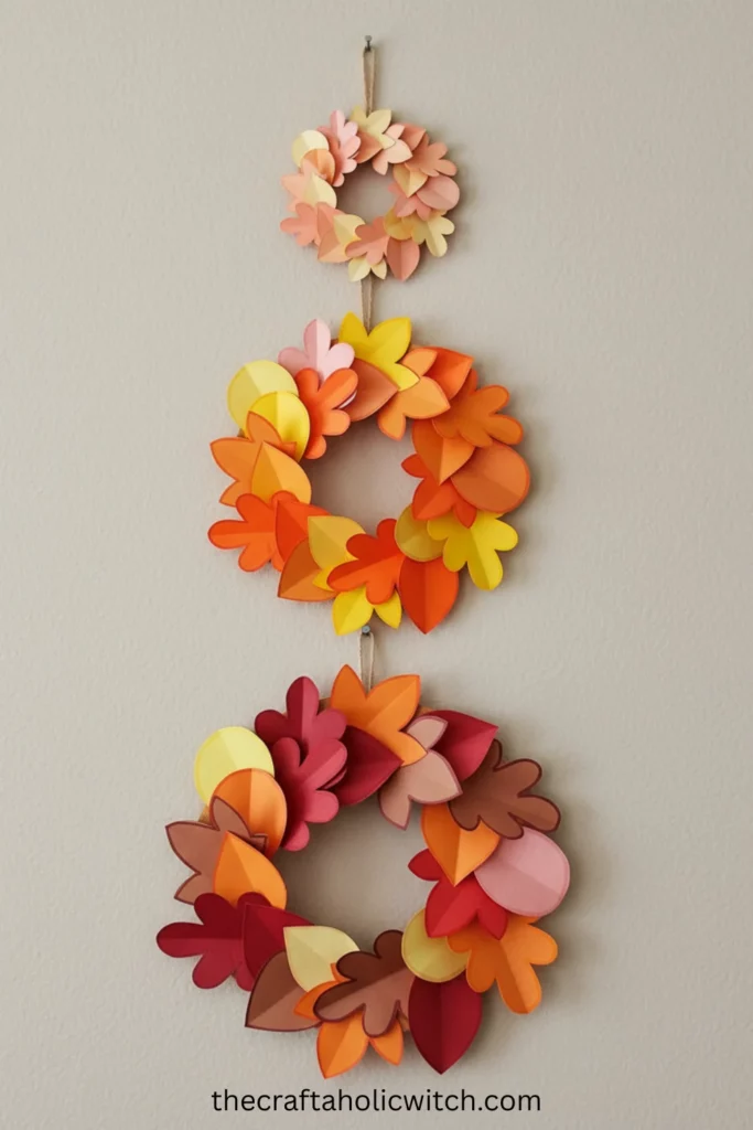 Three DIY fall wreaths in small, medium, and large sizes hung vertically on wall for dramatic statement display
