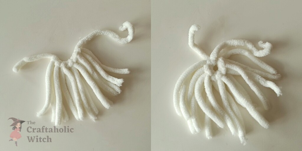 Multiple yarn pieces tied onto base strand creating full fluffy beard for Christmas gnome