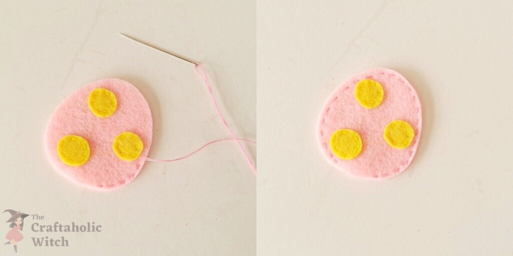 Joining the felt egg bases Stitching two felt egg bases together, leaving an opening for the pencil