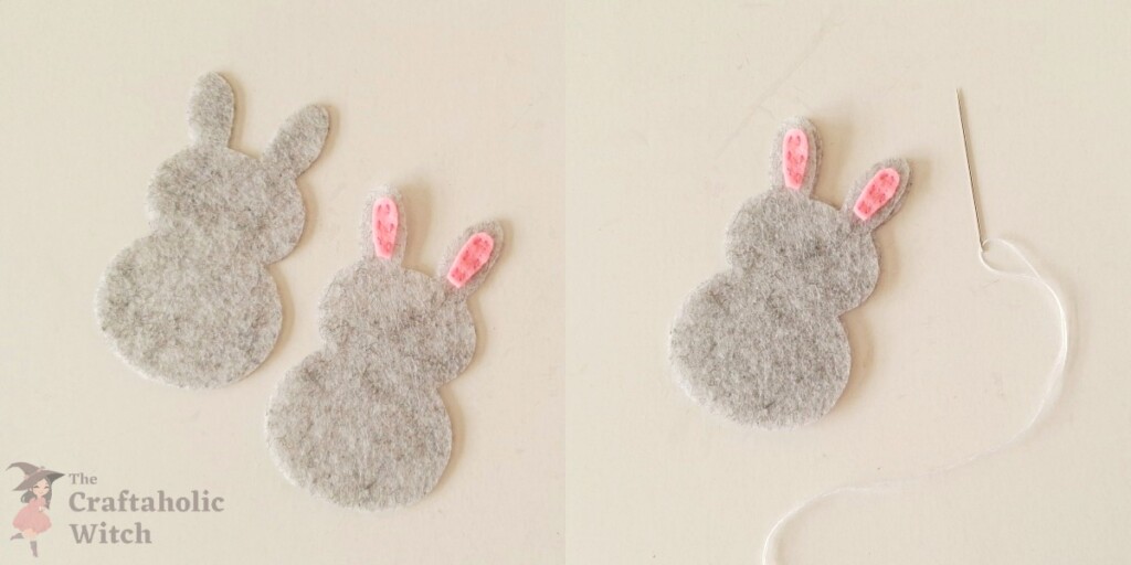 Preparing the felt rabbit pieces Stitching felt inner ear pieces onto a rabbit base for a pencil topper