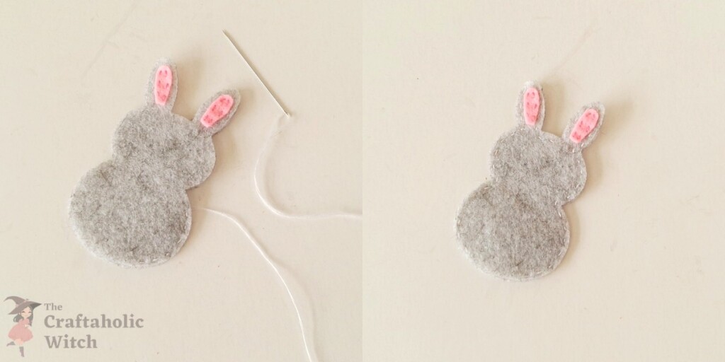 Stitching the felt rabbit topper Stitching around felt rabbit bases, leaving an opening for the pencil
