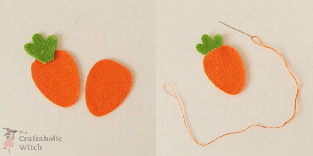 Arranging the felt carrot pieces Placing a felt leaf cutout between two carrot base layers before stitching