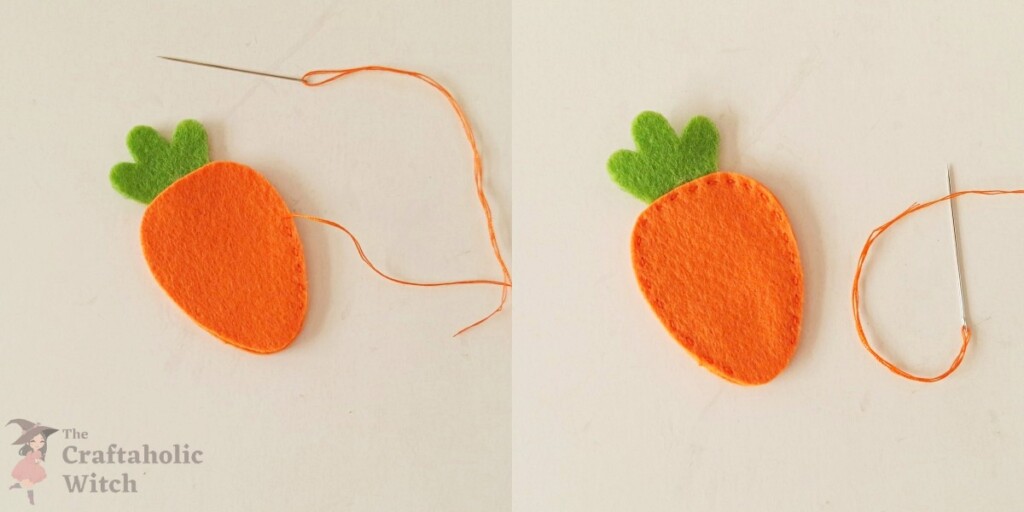 Stitching the felt carrot topper Stitching around felt carrot bases, leaving an opening for the pencil