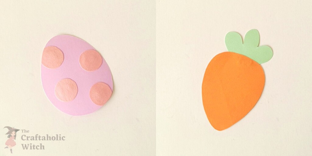 Egg and carrot paper cutouts being assembled with leaf and spot details