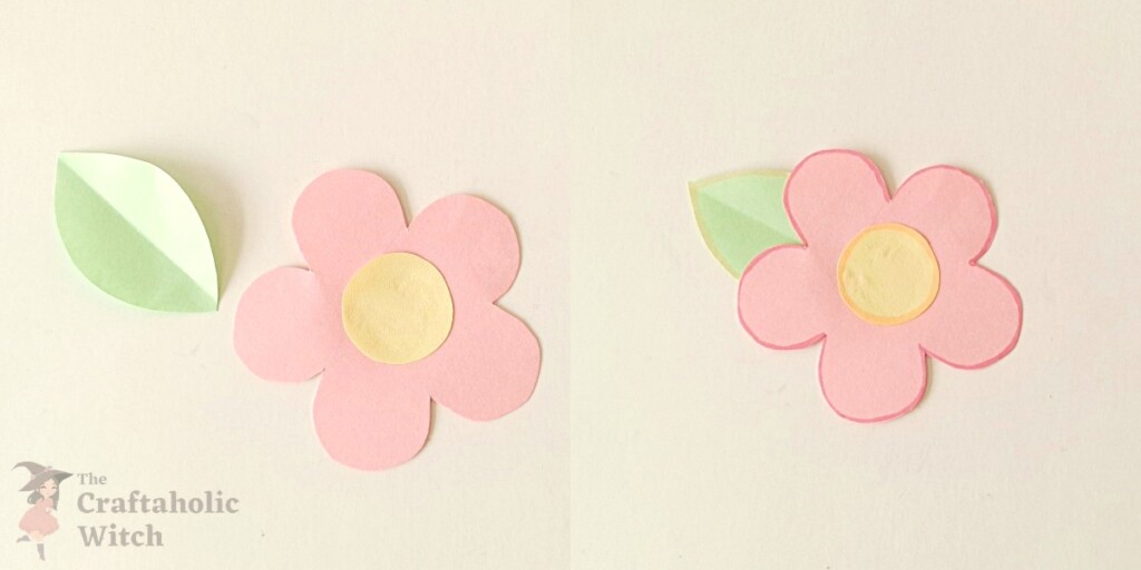 Flower cutout assembled with center piece and folded leaf glued to back