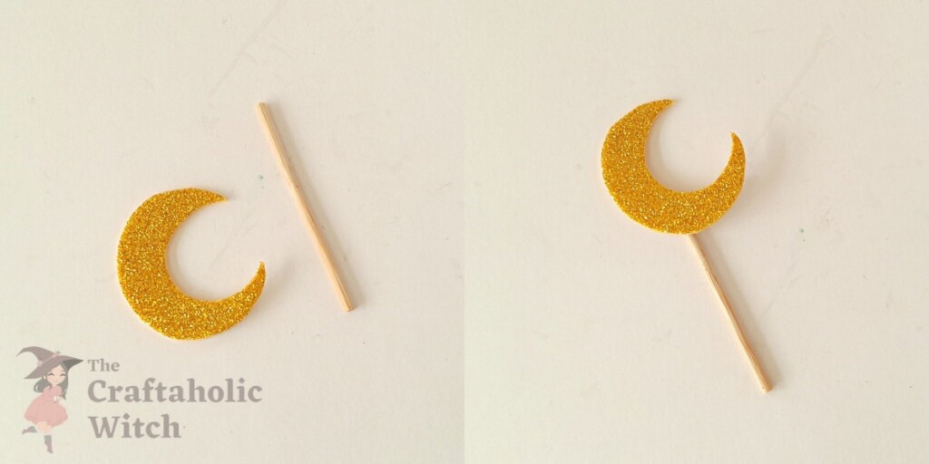 Ramadan decor step 15 - moon topper Crescent moon cutout from glittery paper attached to a small stick for the Ramadan decor topper
