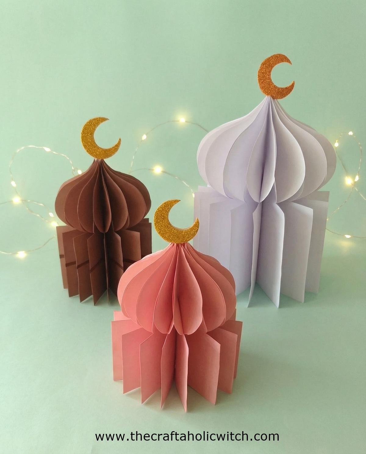 Ramadan papercraft decor - pin image 3D layered paper dome decoration for Ramadan with crescent moon topper on display