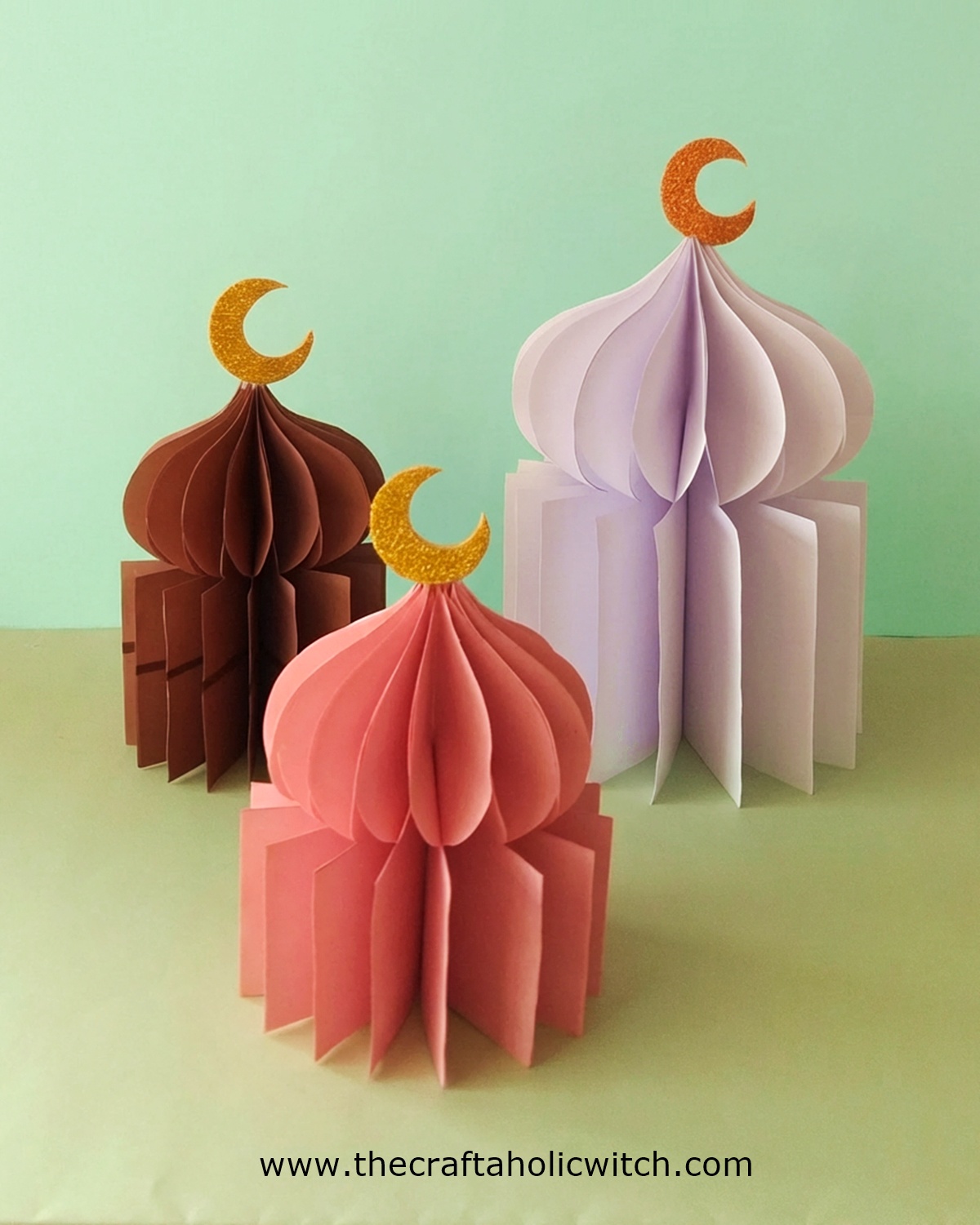 Ramadan papercraft decor - finished 3D dome Finished papercraft decor for Ramadan with layered 3D dome shape and glittery crescent moon topper