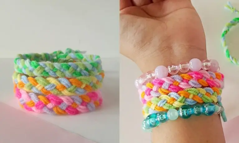 A stack of colorful braided friendship bracelets and the same bracelets worn on a wrist