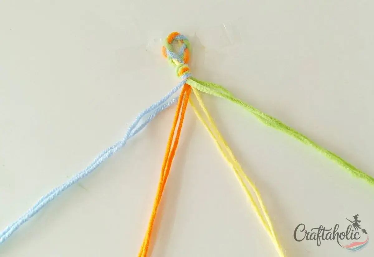 Separating the yarn into four color groups for a four-strand braid