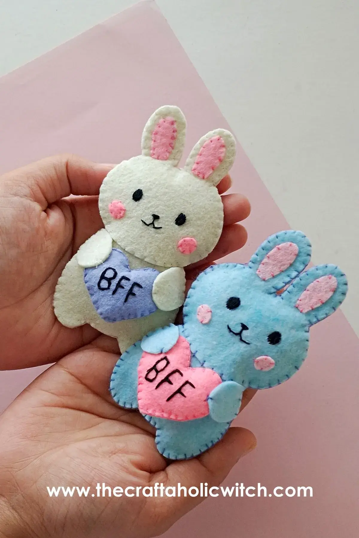 Felt bunny plush tutorial overview Felt bunny plush BFF friendship craft with cream and blue bunnies holding hearts