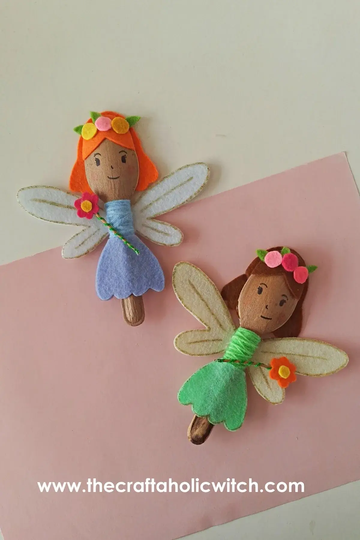 Recycled Spoon Fairy craft for kids with free template DIY recycled spoon fairy craft tutorial for kids showing materials and finished spoon fairy with felt and yarn