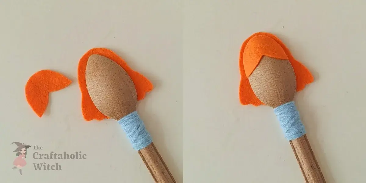 Attaching felt hair base to spoon bowl for spoon fairy Pressing the felt hair base cutout centered onto the glued top edge of the spoon bowl for the recycled spoon fairy