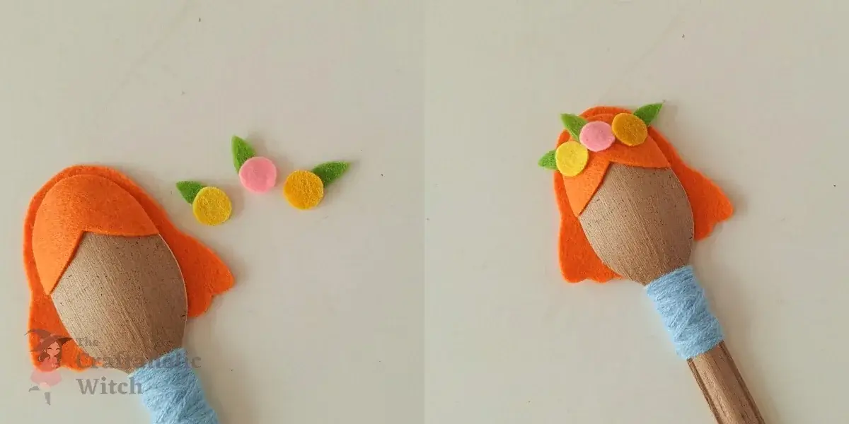 Gluing felt flower crown to spoon fairy hair Gluing small felt leaf cutouts to flower circle cutouts then attaching them along the top of the spoon fairy hair for the flower crown