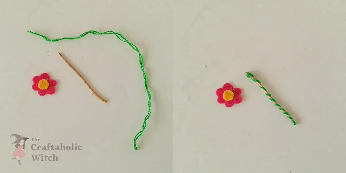 Coiling yarn around wand stick and assembling flower topper Coiling yarn down the small stick like a vine and gluing the small circle cutout to the center of the wand flower for the spoon fairy