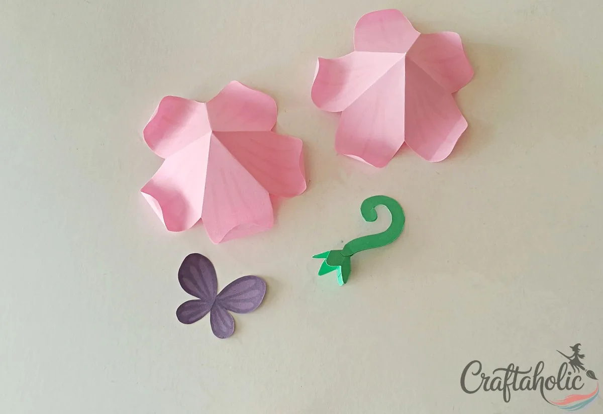 Gathering the flower layer, cup-stem, and butterfly roof patterns for the fairy house