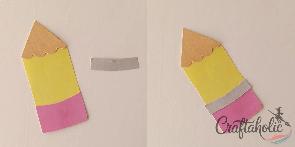 Assembling the paper pencil banner Gluing the lead, eraser, and eraser band cutouts to craft the paper pencil banner