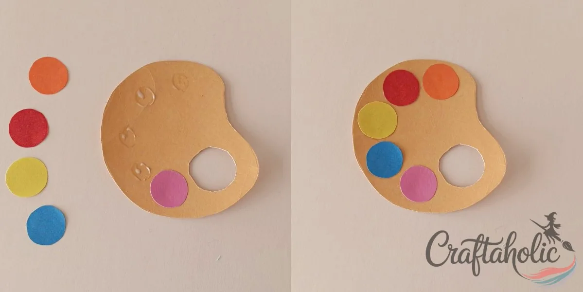 Assembling the paper paint palette banner Gluing colored circle cutouts onto the base to craft the paper paint palette banner