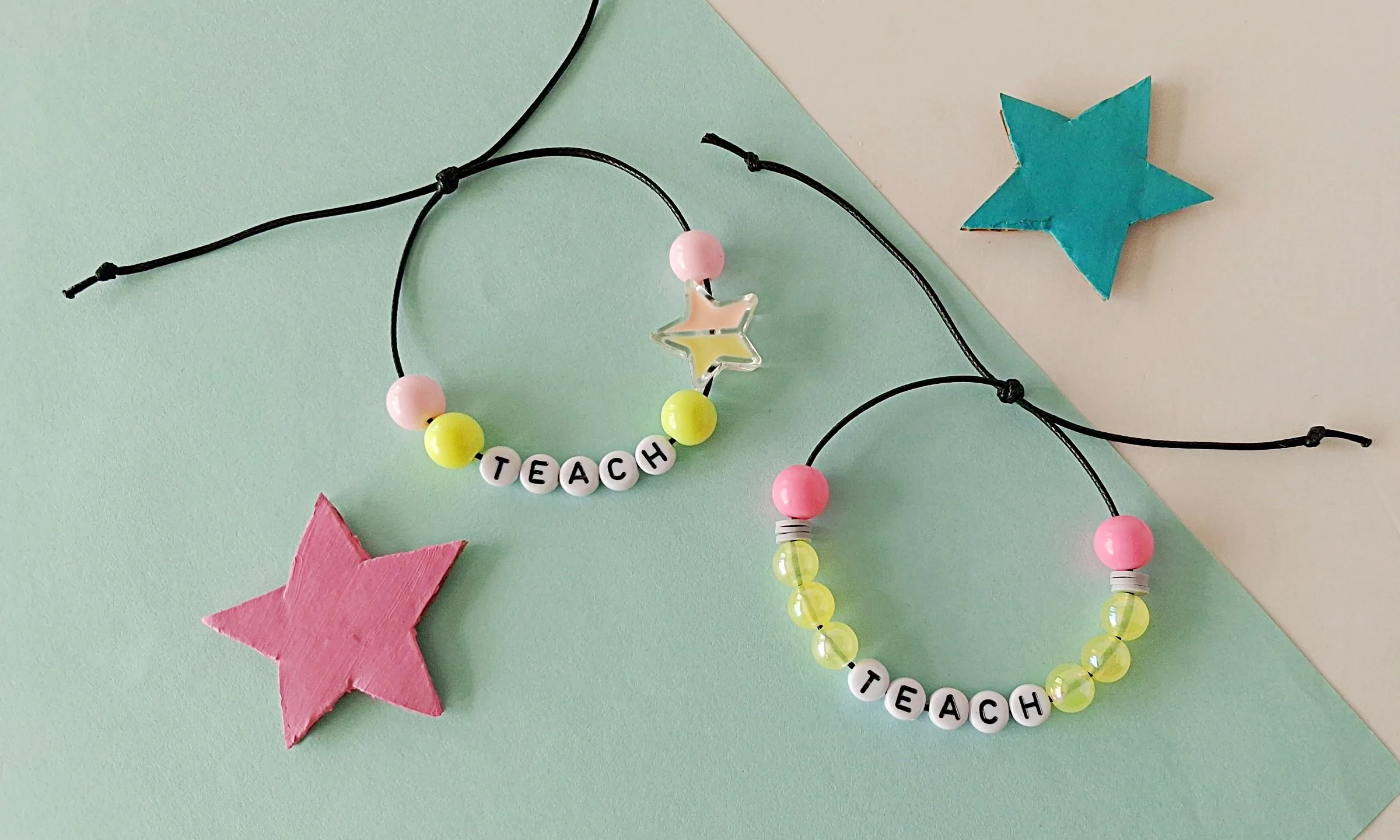 Finished easy beaded bracelet, styled as a teacher gift Easy beaded bracelet made with kids, styled as a teacher gift