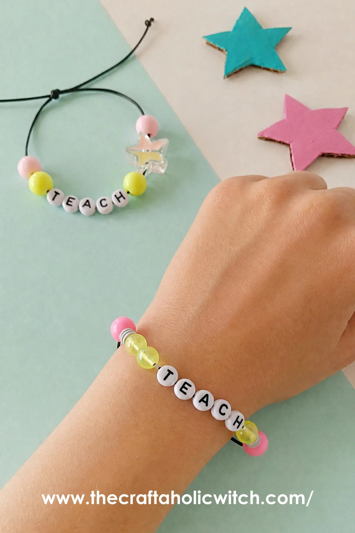 Finished beaded bracelets with TEACH letter beads Finished beaded cord bracelets with TEACH letter beads, one worn on a wrist