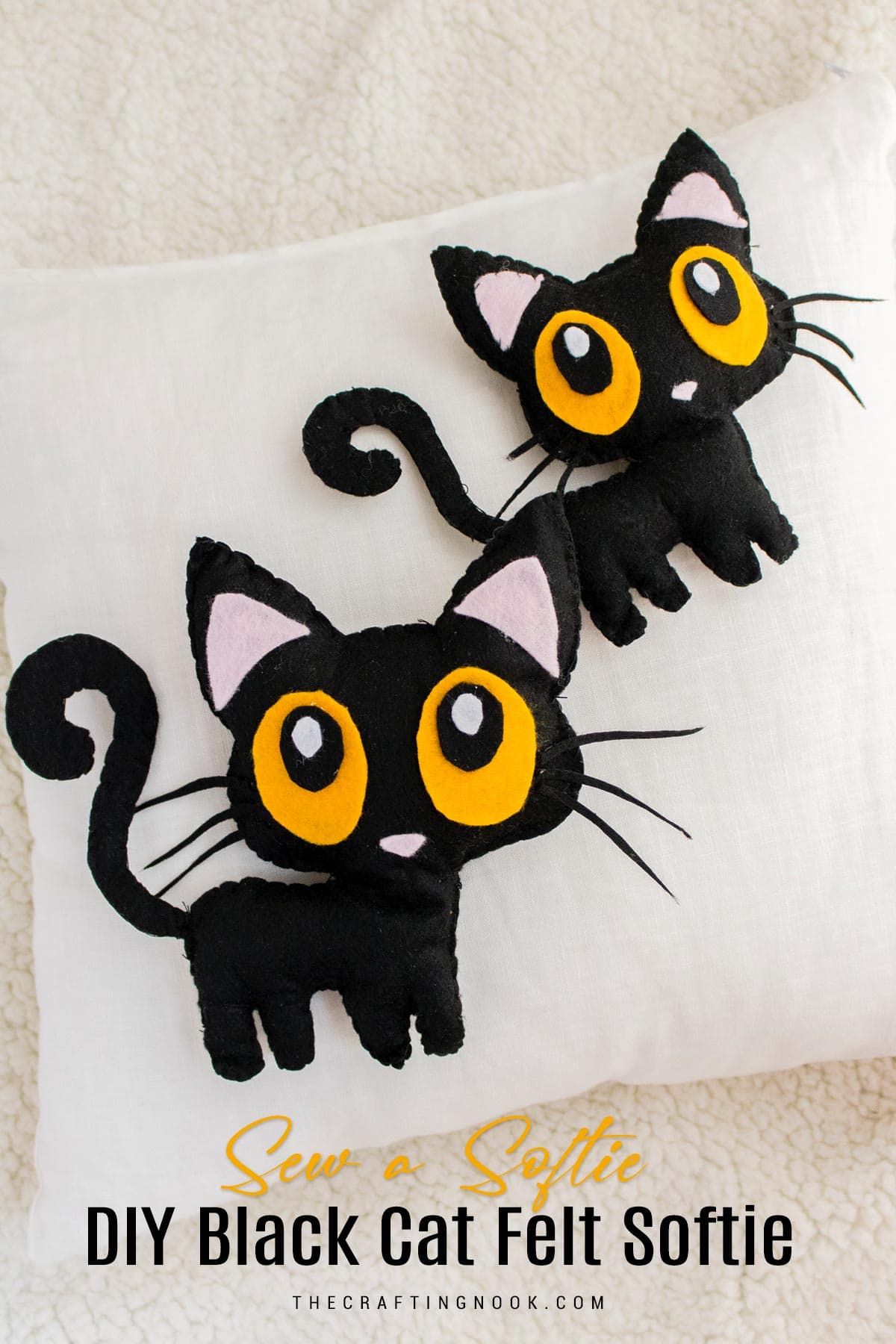Felt black cat softie: hand sewn black cat plush with poseable tail