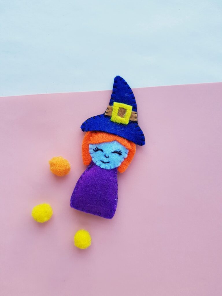 Felt witch plush: hand sewn felt witch doll with hat and dress