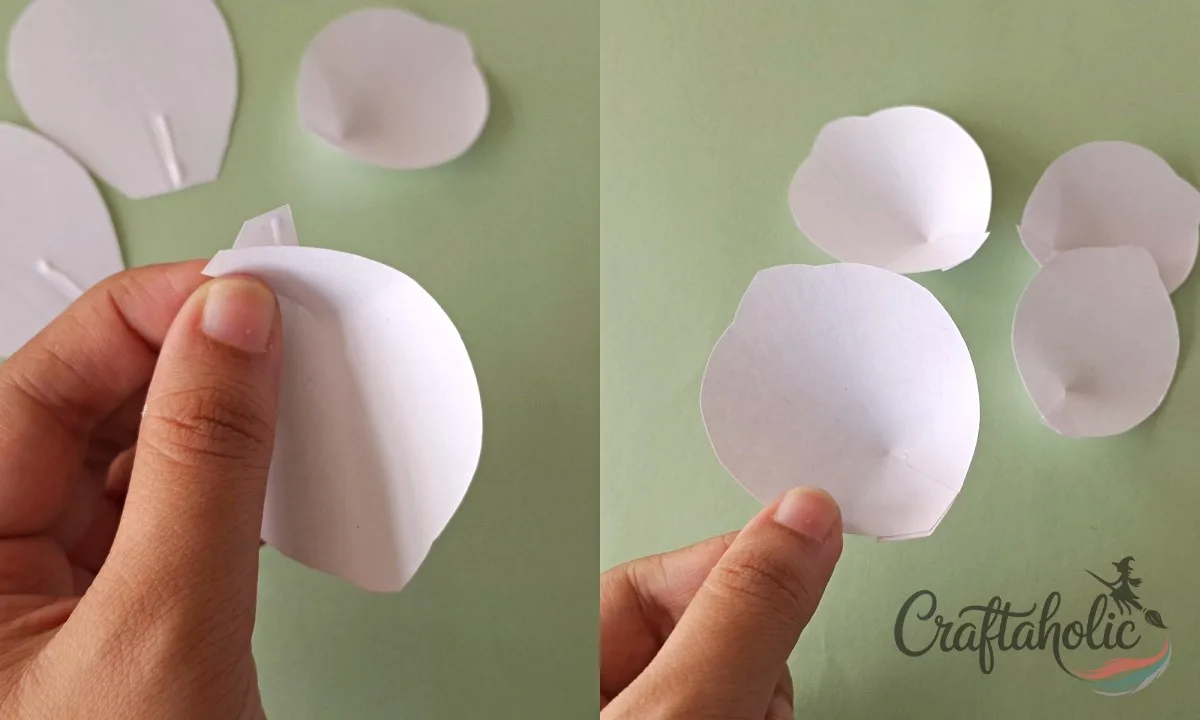 How to Make a Realistic Paper Gardenia Flower 4 Gluing and overlapping the slit edges to shape a 3D paper gardenia petal