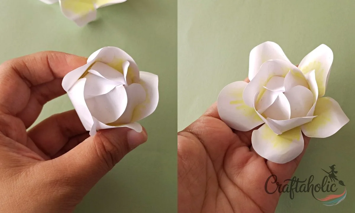 How to Make a Realistic Paper Gardenia Flower 15 Nesting the three paper gardenia petal sets together to craft the flower center