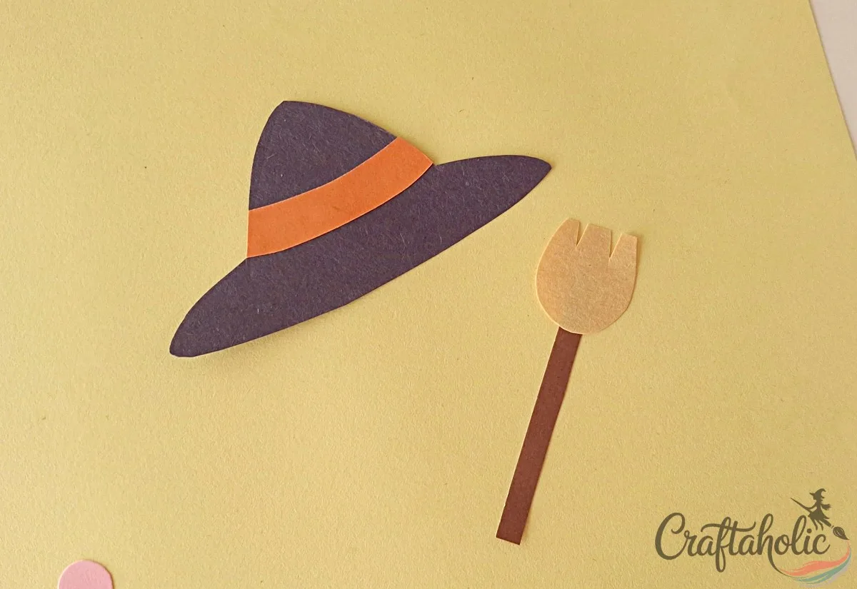 Assembling the witch hat and broomstick Gluing the ribbon to the witch hat and assembling the broomstick for the ghost puppet