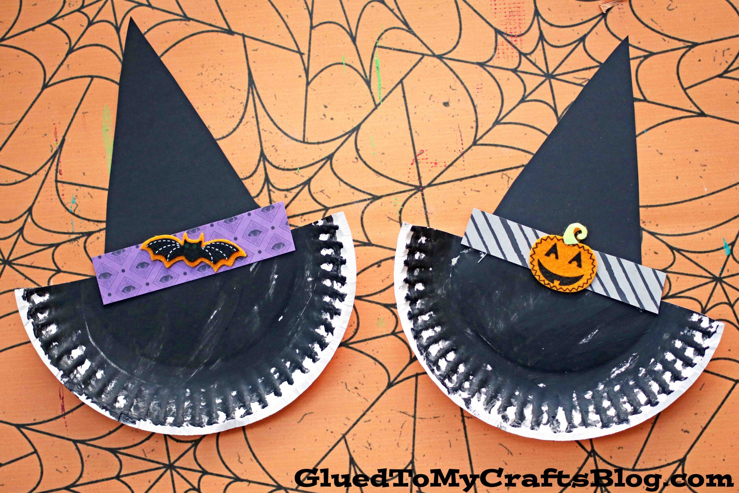 20 Easy Halloween Paper Crafts for Kids to Make at Home 16 Paper plate witch hat craft: two black paper plate witch hats decorated for Halloween