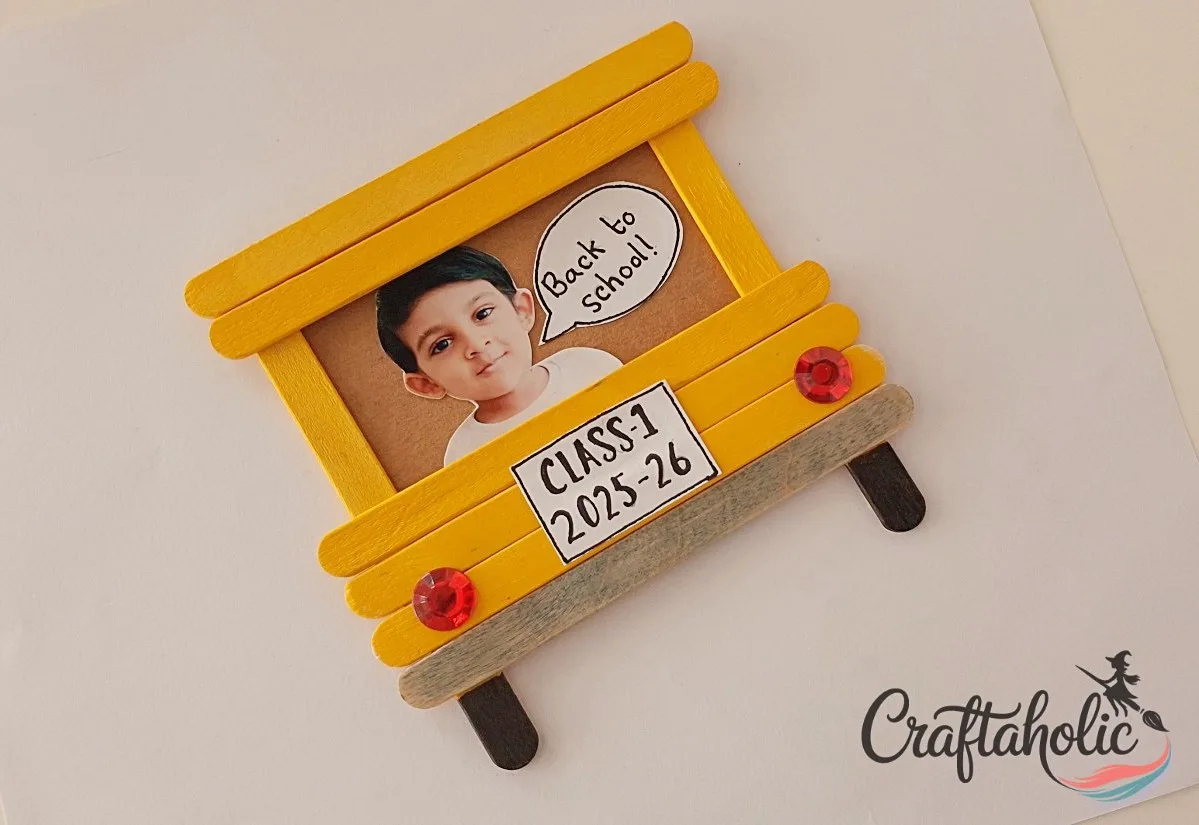Adding the child's photo to the frame Adding a child's photo and school info to the popsicle stick school bus frame