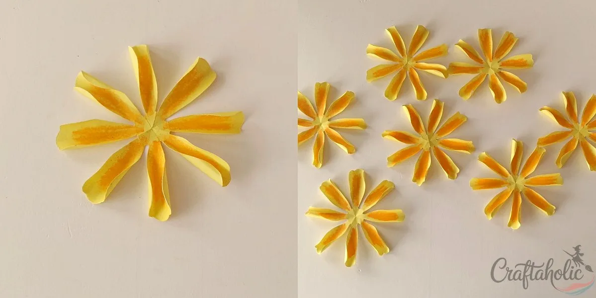 All big and small petal layers prepared for the paper marigold