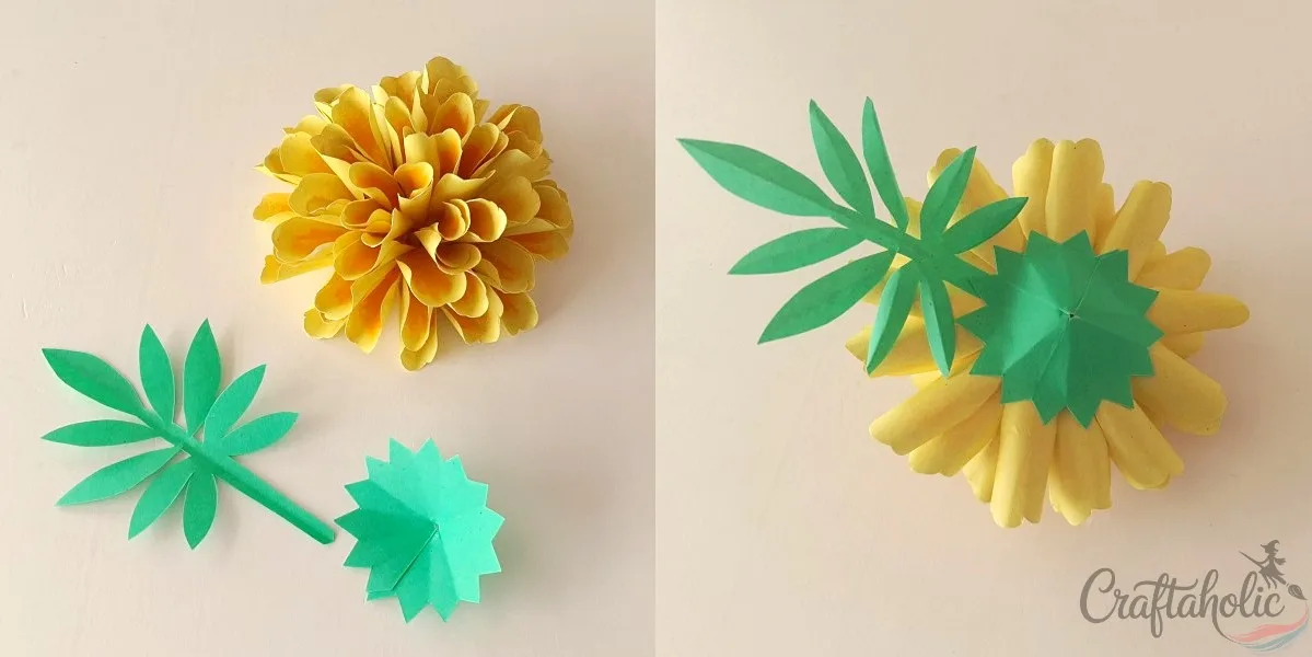 Gluing the sepal and leaf to the back of the finished paper marigold