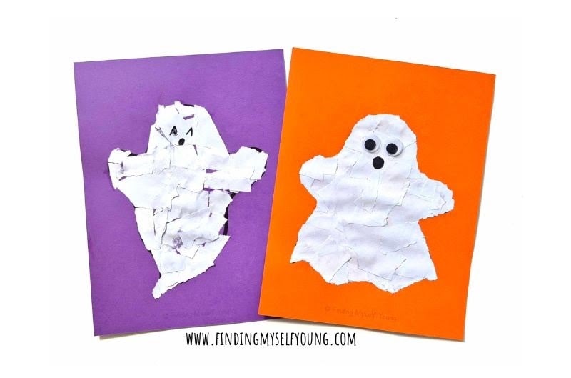 20 Easy Halloween Paper Crafts for Kids to Make at Home 7 Torn paper ghost craft: white ghost shapes filled in with torn paper pieces