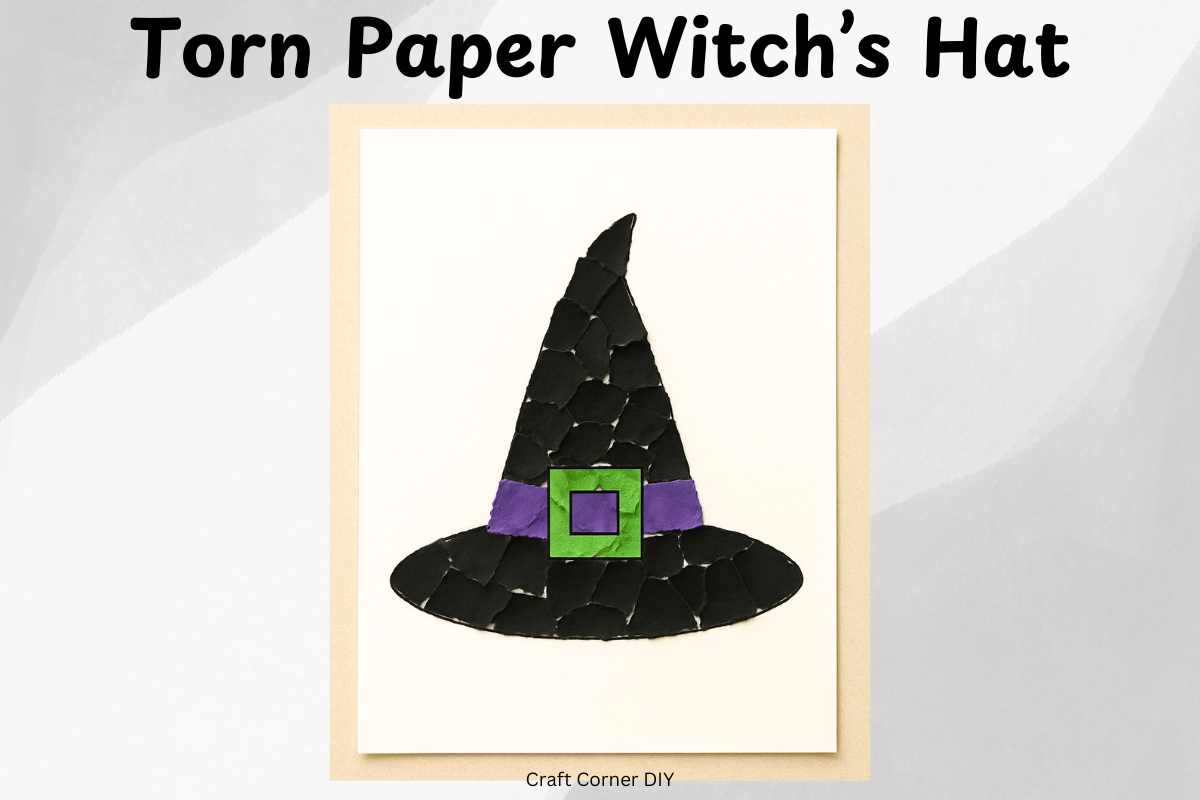 20 Easy Halloween Paper Crafts for Kids to Make at Home 17 Torn paper witch hat craft: black witch hat filled in with torn paper pieces for kids