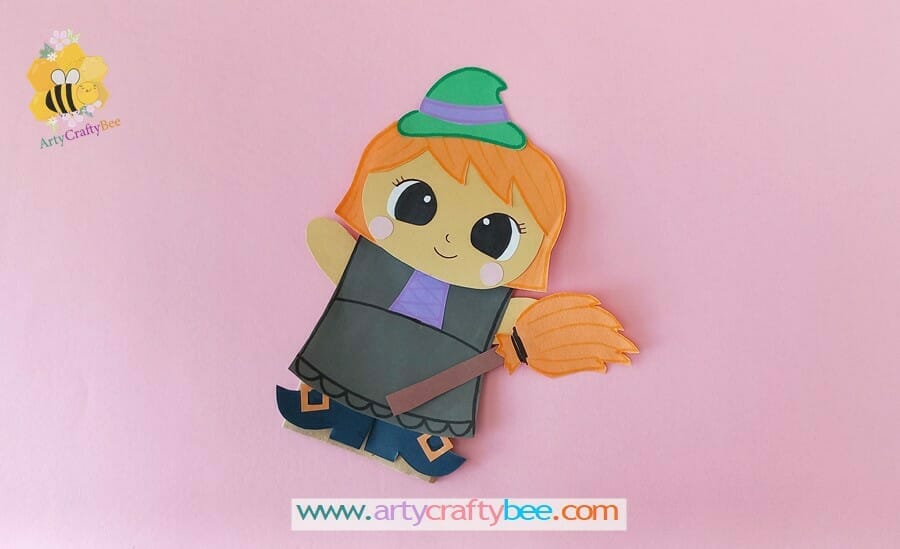 20 Easy Halloween Paper Crafts for Kids to Make at Home 18 Witch paper bag puppet craft made from a paper lunch bag with printable templates