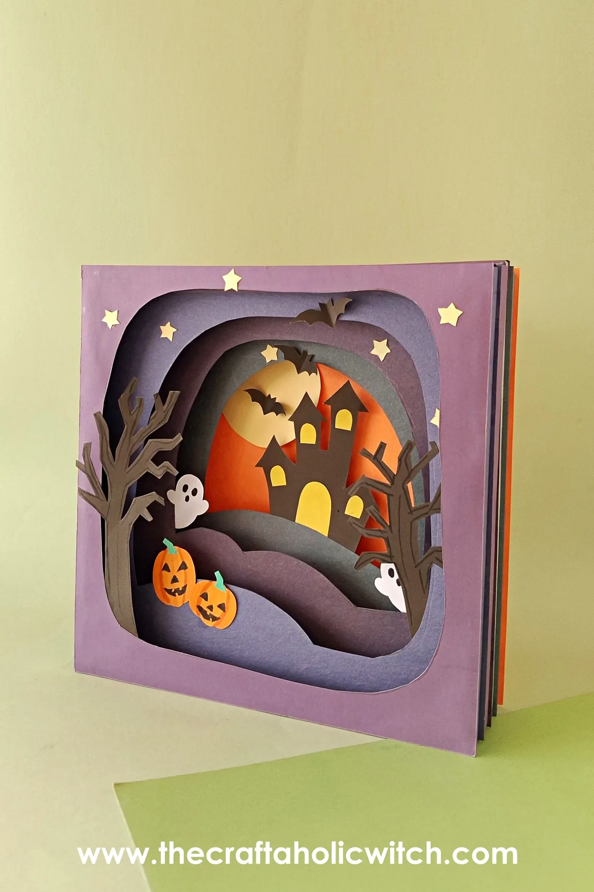 Side view of the layered shadow box Side view of the layered paper Halloween shadow box showing the depth between the paper layers