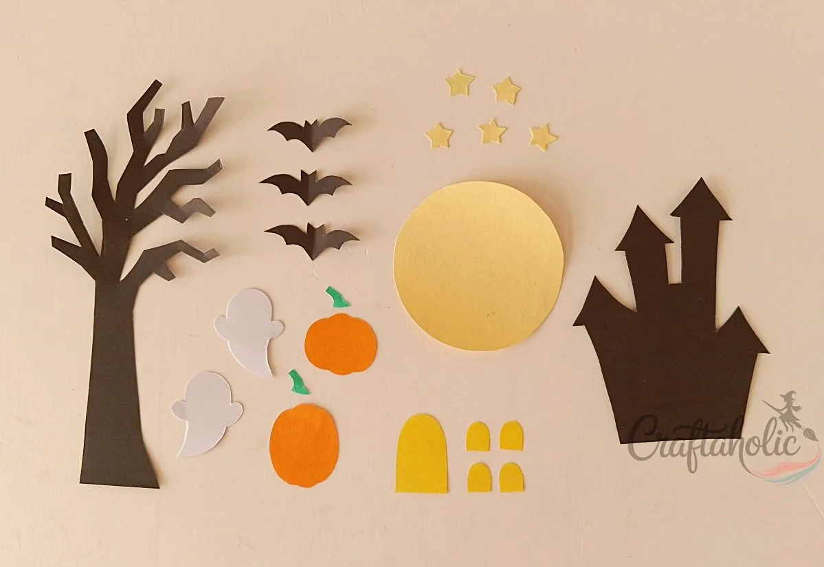 Halloween scene paper cutouts Paper cutouts for the Halloween scene: tree, bats, stars, moon, ghosts, pumpkins and haunted house