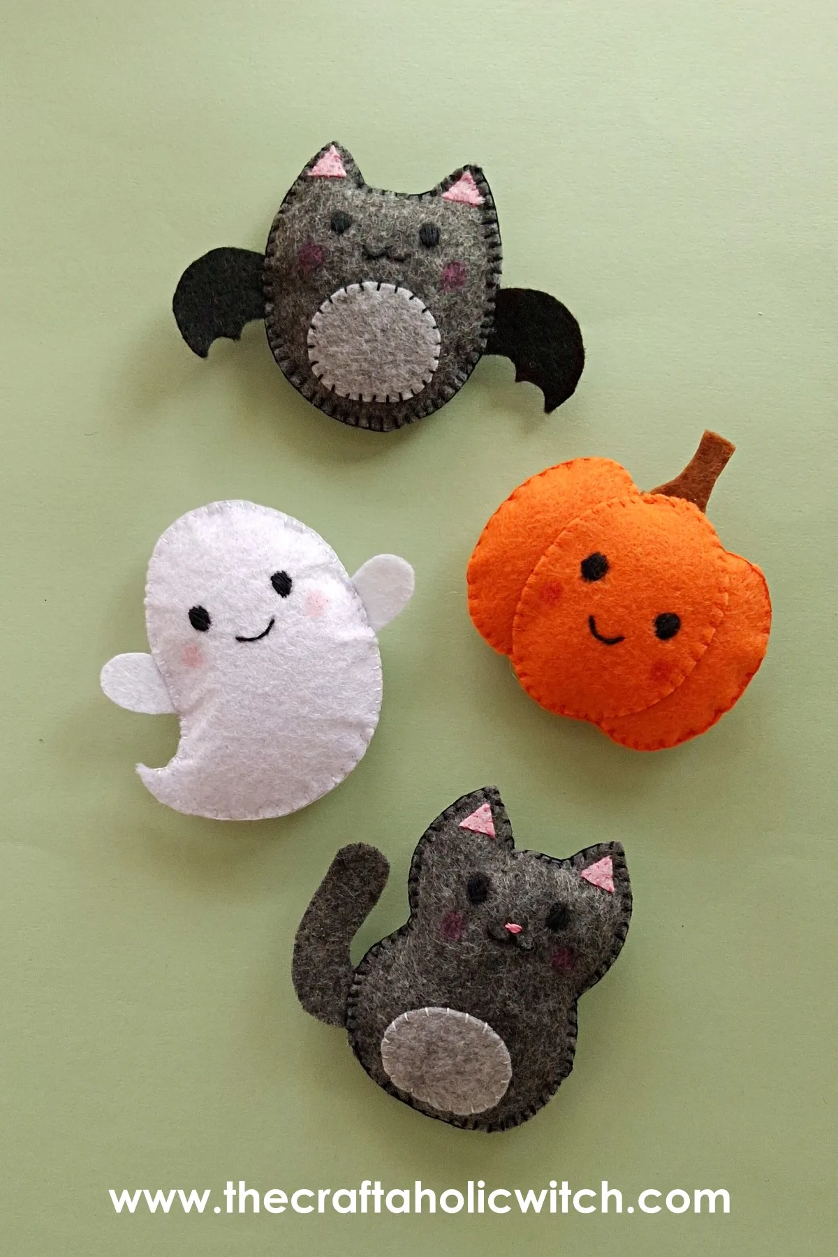 4 Easy to Make Felt Halloween Plushies (Bat, Cat, Ghost, Pumpkin) + Pattern 21 Close-up of stitched felt Halloween plush toys