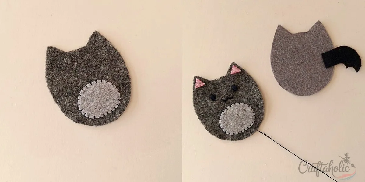 4 Easy to Make Felt Halloween Plushies (Bat, Cat, Ghost, Pumpkin) + Pattern 4 Stitching the belly and ears onto the bat plush front base