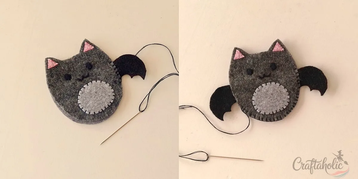 4 Easy to Make Felt Halloween Plushies (Bat, Cat, Ghost, Pumpkin) + Pattern 5 Whip stitching the bat plush wing between the front and back bases