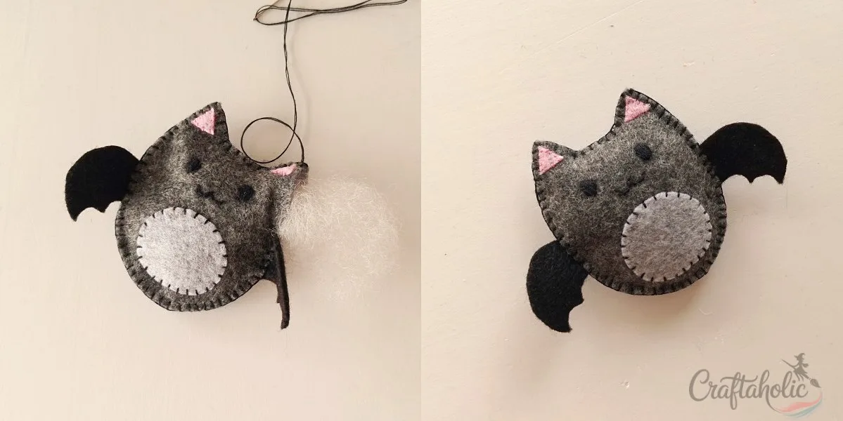 4 Easy to Make Felt Halloween Plushies (Bat, Cat, Ghost, Pumpkin) + Pattern 6 Stuffing and finishing the felt bat plush